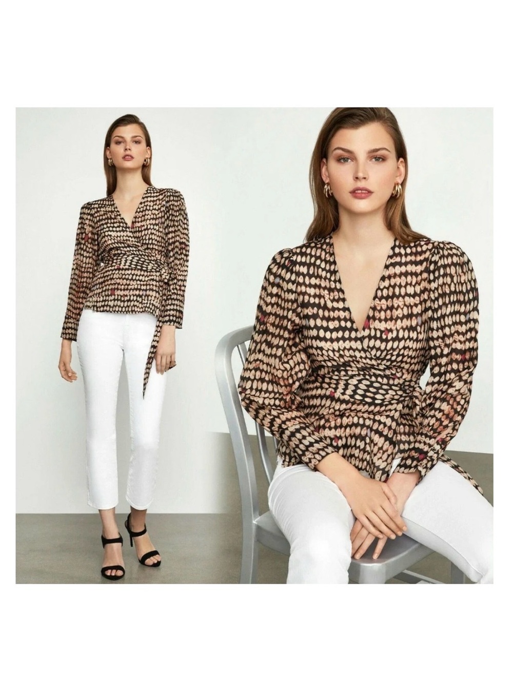BCBGMaxAriza silk blend bold abstract blouse brown v neck long sleeve unique